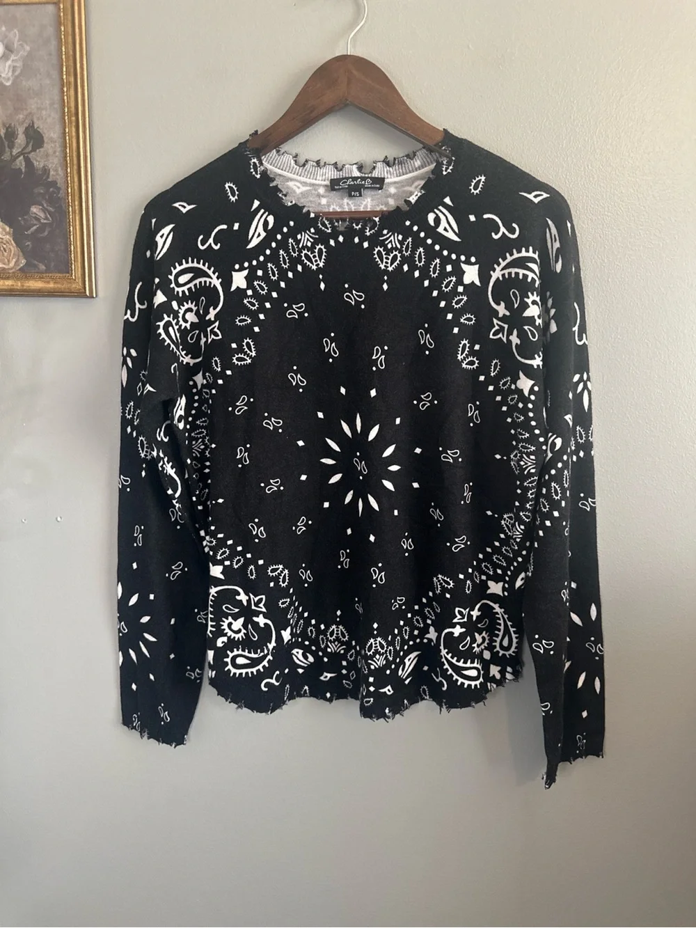 Charlie B Bandana Print Distressed Knit Sweater Black White Frayed Trim S